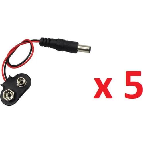 5 x PP3 9v Battery Clip/Snap to DC 2.1mm x 5.5mm Jack Plug