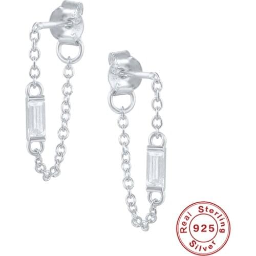 GS 925 Sterling Silver Single Zircon Chain Tassel Stud Earrings For Women Cartilage Ear Studs Luxury Jewels Piercing Pendiente