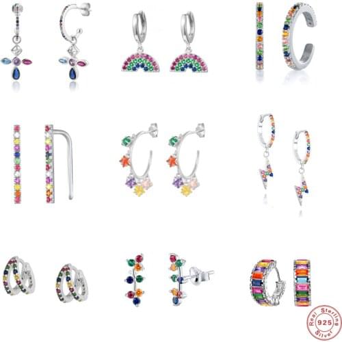 GS 925 Sterling Silver Colored Crystal Hoop Earrings Collection Rainbow Zircon Mosaic Charm Circle Huggie Earrings Jewelry
