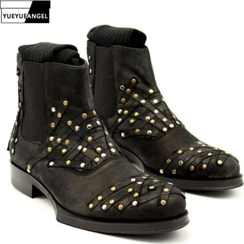 Punk Style Boots Men Round Toe Rivet Block Heel Chelsea Boots Male Plus Size Casual Slip On Ankle Boots High Top Dress Footwear
