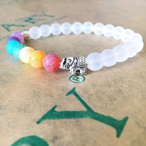 Elephant 7 Color Chakra Frosted Transparent Bead Yoga Energy Bracelet Mens and Womens Reiki Prayer Stone Bracelet Jewelry