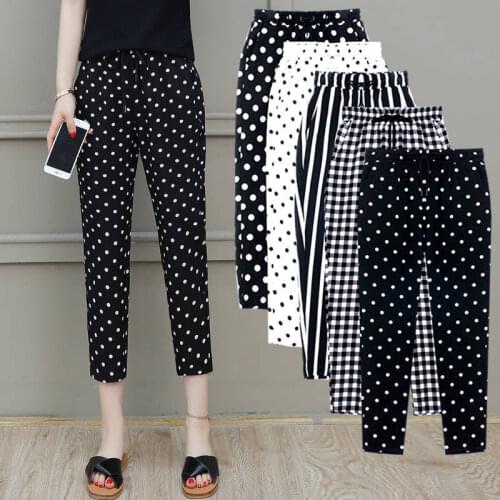 2020 Summer New Women Trousers Plus Size 4XL Female Capris Plaid Calf-Length Pants Casual Dot Pants Drawstring Striped Pant G