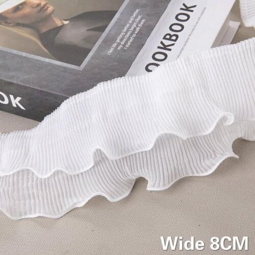 8CM Wide Double Layers White 3D Pleated Chiffon Fabric Ribbon Fringe Elastic Ruffle Trim Dress Collar Cuffs DIY Sewing Material