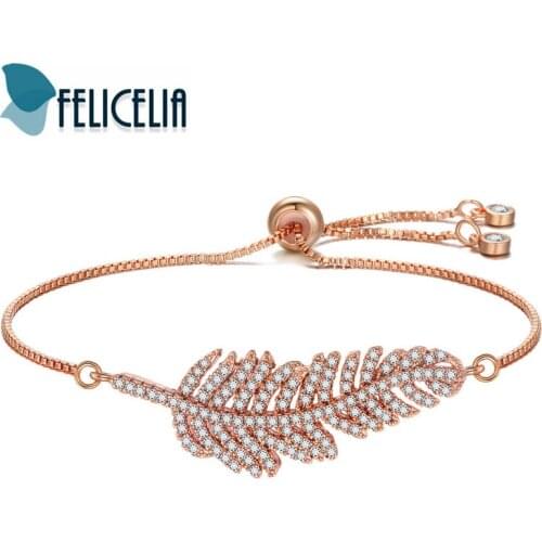 Felicelia Elegant Cubic Zirconia Feather Bracelet For Women Girls Black/ Silver/ Gold/ Rose Gold Color Adjustable Bracelet
