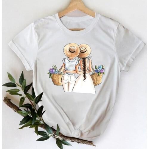 T-shirts Women Lady Print Female Tee T-Shirt Flower Floral Sweet Cute 90s Cartoon Sister Friends Clothes Graphic Tshirt Top