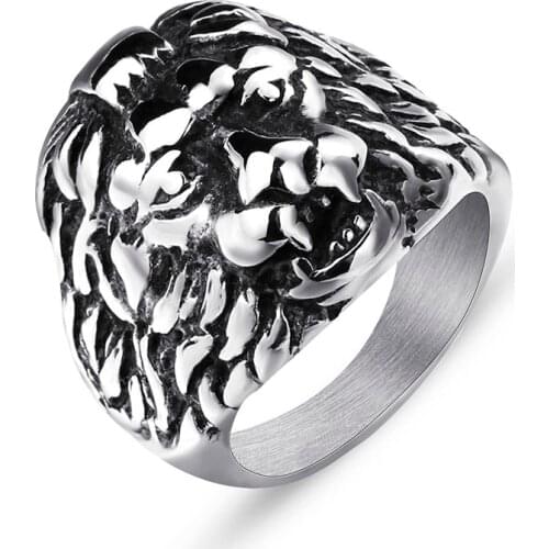 Valily Mens Lion Ring Stainless Steel Biker Gothic Lion Head Ring Gold Black High Quality bague homme biker Punk Animal Jewelry