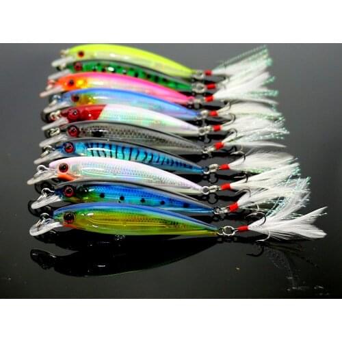 Minnow Lure 10Pcs 9cm 8g Fishing Lure Hard Colorful Tackle Bass Wobble Cankbait lifelike Bait Hooks Laser Eye Pike Feather Hook
