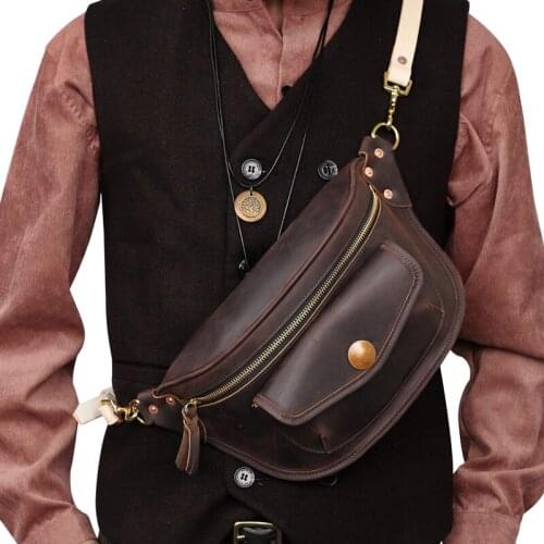 Mens Chest Bag Retro Genuine Leather Crossbody Shoulder Bag For Male Brand Design Outdoor Sport Messenger Bags With Hasp Pocket