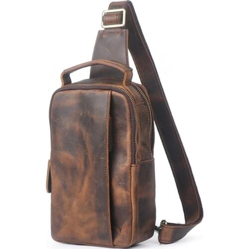 2021 New Vintage Leather Mens Chest Bag Casual Men Shoulder Messenger Bags Travel Chest Pack Bag Head Layer Crazy Horse Leather