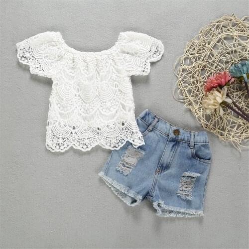 1-4Y Baby Girls 2Pcs Clothes Set, Summer Solid Color Lace Flower Short Sleeve Boat Neck Tops with Short Ripped Jeans