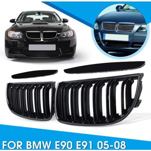 Pair Racing Grills For BMW E90/E91 Sedan Touring 4Dr 2005-2008 Auto Front Kidney Grille Double Line Carbon Look Gloss Black