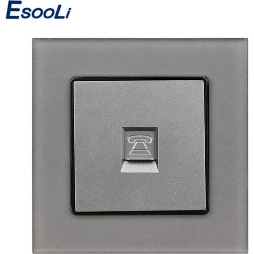 Esooli Grey Luxury Crystal Glass Panel 1 Gang RJ11 2 Core Telephone Connector Wall Socket Outlet 86*86 mm