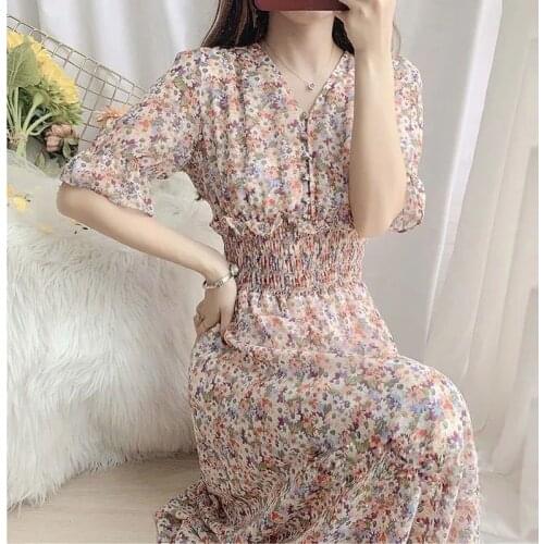 Summer Womens Printed Dress Ruffle Purple V-neck Chiffon Dress High Waist Party Short Sleeve Fashion Elastic Waist Button New