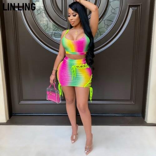 LINLING Women Tank Multicolor Print Crop Top Bodycon 2 Piece Short Midi Pencil Dresses Outfits Skirt Set