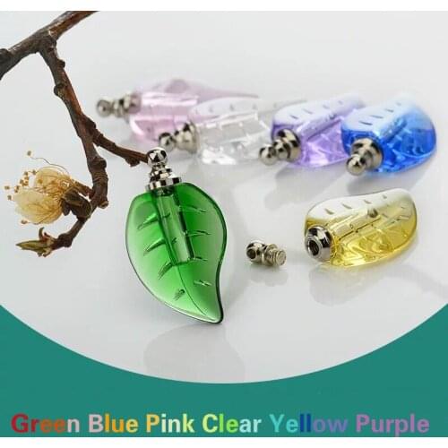 1/2/3/4/5PCS Leaf Shape Crystal Glass vial pendant charms name on rice art Essential oil Bottle Jars charms necklace pendant