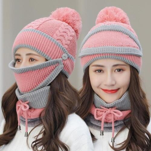 3Pcs One Set Women Winter Woolen Knitted Fluffy Ball Beanie Cap Warm Mask Neck Scarf Soft Warm Outdoor Windproof Hat Knitted Hat
