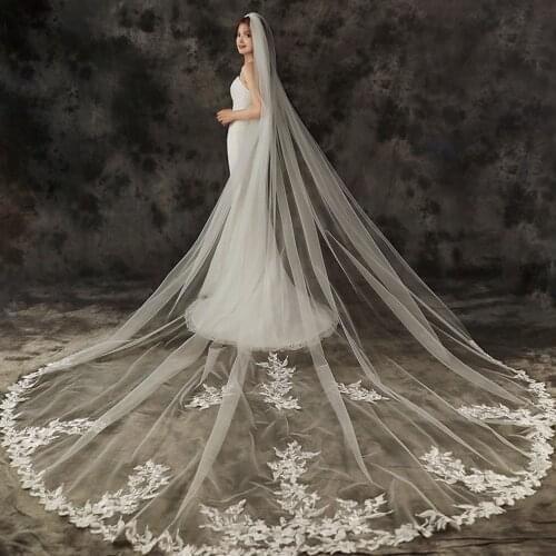 Wedding Veil Applique Edge One-Layer Bridal Veils Appliqued Ivory Bridal Veil Cathedral Veil