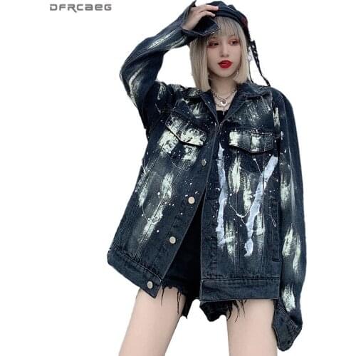 Loose Black And White Painted Graffiti Jeans Jackets Women 2020 Spring Long Sleeve Loose Vintage BF Harajuku Jackets Denim Coat