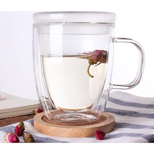 400ml Double Walled Glasses heat-resistant High-temperature Cup Simple Translucent Floral Tea Cup Lightweight office glass cover