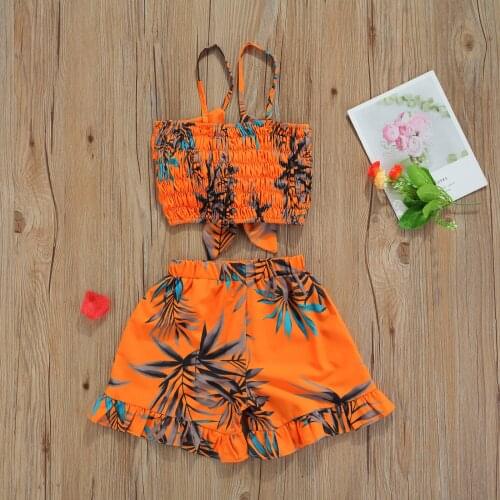 Girl Tops, Shorts Suit, Bowknot Sling Summer Shirt Leaf Printed Beach Vest Loose Pants, Orange 2021 New Fashion