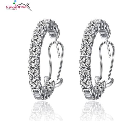 COLORFISH 925 Sterling Silver Earrings Hoops Trendy Stunning 4mm Round Cut Sona Simulated Diamond Hoop Earrings for Women
