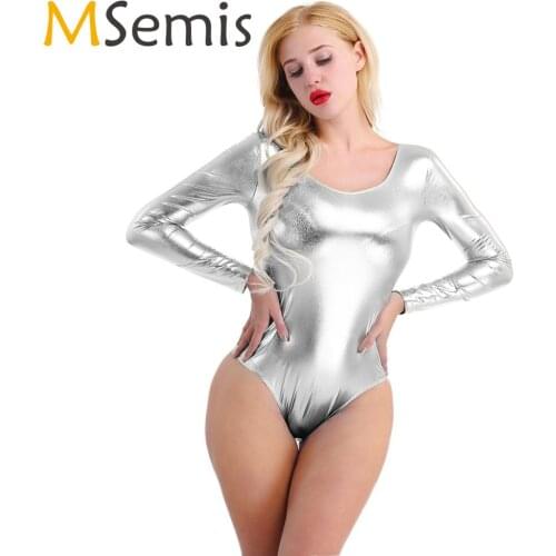 Women Hot One-piece Monokini Body Lingerie Long Sleeves Thong Jumpsuit Sexy Wetlook Leather Bodycon Leotard Party Dance Bodysuit