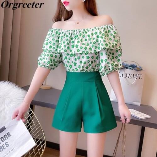 Summer Outfits Female Temperament Sweet Off shoulder Floral Printted Womens Top + High-waist Solid Wide-leg Pants 2 Piece Sets