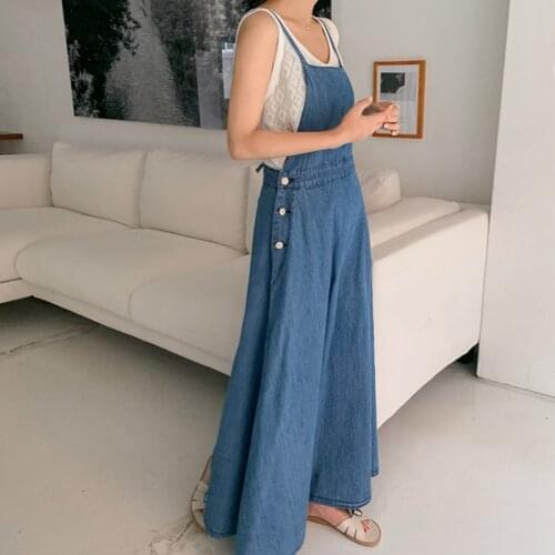 Johnature New Summer Denim Shoulder-straps Long Dress 2021 Casual Korean Loose Pockets Jeans Pockets Women Dresses