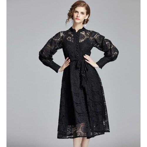 High-end Midi Dress Luxury Elegant A-Line Party Belt Hollow Out Lace Embroidery Dresses Women 2021 Autumn Long Sleeve Vintage