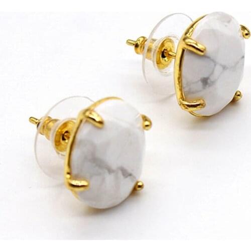 100-Unique 1 Pair Light Yellow Gold Color Oval Shape White Turquoises Stone Stud Earrings Elegant Womens Earring