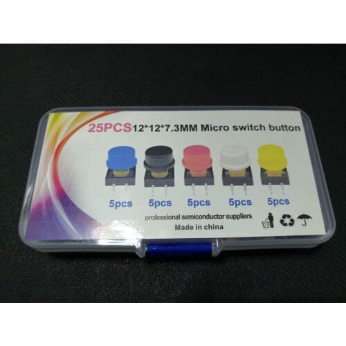 25pcs press button switch kit 12*12*7.3mm with box micro touch Switch with caps yellow blue black white red head 12x12x7.3mm