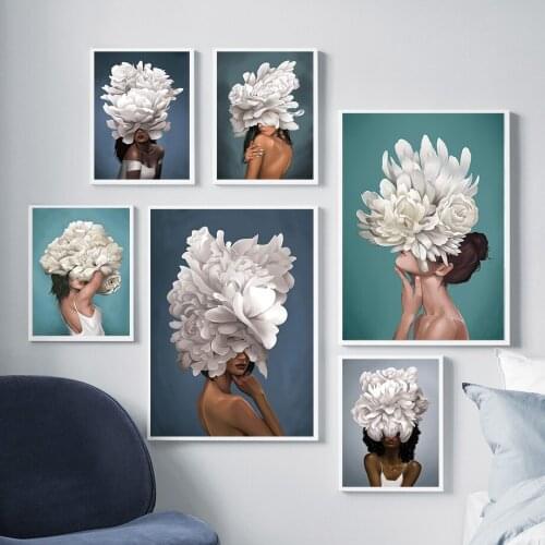 White Big Flower Girl Abstract Wall Art Canvas Painting Nordic Posters And Prints Wall Pictures For Living Room Home Salon Decor