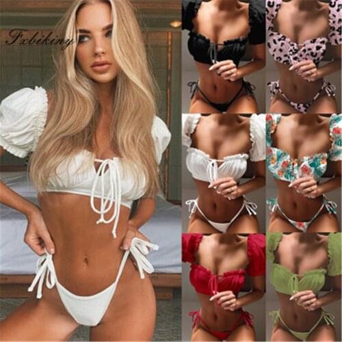 Bikini 2020 Floral Swimming Suit 2 Piece Set Women Push Up Bikini Solid Swimwear Short T-shirt Swimsuit Low Wait Thong Bikini