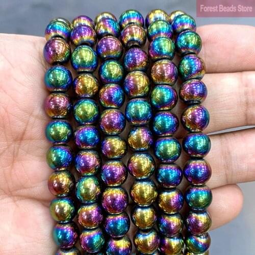 Natural Stone Rainbow Color Hematite Beads Smooth Round Beads DIY Charms Bracelet For Jewelry Making 2/3/4/6/8/10mm 15''Inch