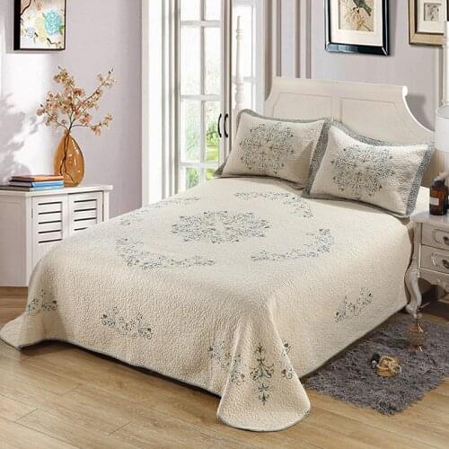 CHAUSUB Cotton Bedspreads Quilt Set 3pcs Solid Embroidered Quilts Bed Cover 2 Shams Super King Size 305*300cm Quilted Coverlets