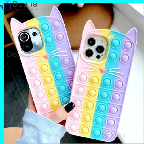 Case for Xiaomi Redmi 9A 9AT 9i Note 10 9S 9 7 Pro Mi 11i 11X POCO F3 Relieve Stress 3D Cute Rainbow Cat Push Bubble Phone Cover