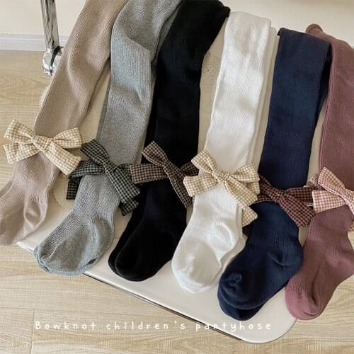 Childrens Panty-Hose Autumn Plaid Bow Double Needle Girls' Leggings White Cotton Infant Panty-Hose