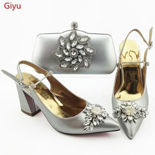 Doershow Italian Shoes With Matching Bags Set Italy African Womens Party Shoes and Bag Sets silver Color Women shoes! HOU1-13