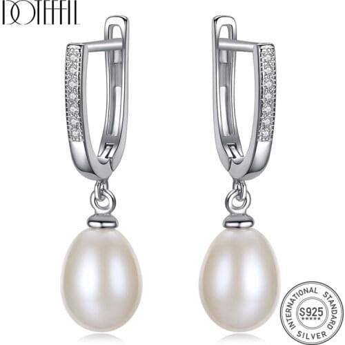 DOTEFFIL 8mm White/Pink/Purple Natural Pearl 925 Sterling Silver AAA Zircon Earrings For Women Wedding Engagement Charm Jewelry
