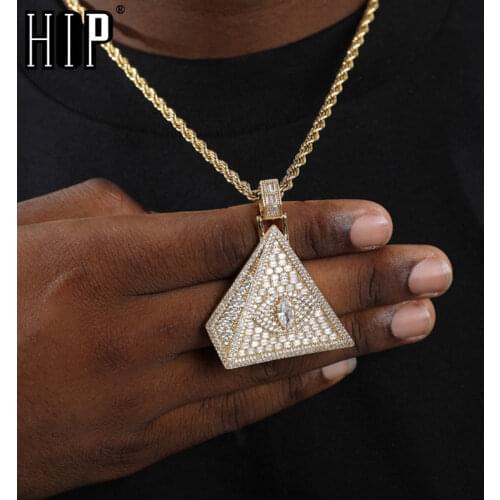Hip Hop Iced Out Bling Cubic Zircon CZ Triangle Eye Pyramid Necklaces &Pendants For Men Jewelry With Tennis Chain