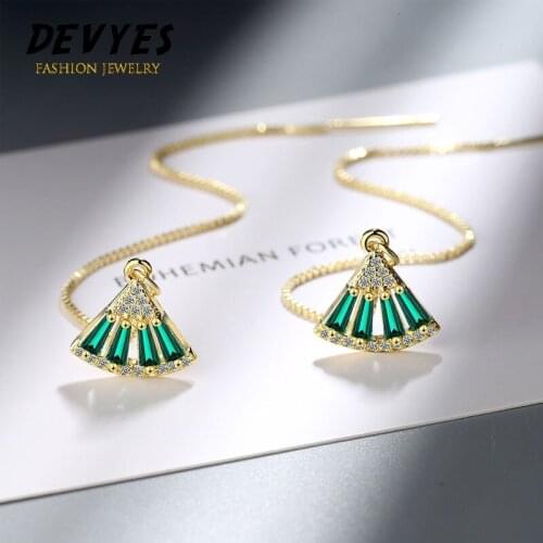Emerald Zircon Long Tassel Ear Line for Women Fashion Simple Fan Gold Silver Color Drop Earrings Gift for Girls