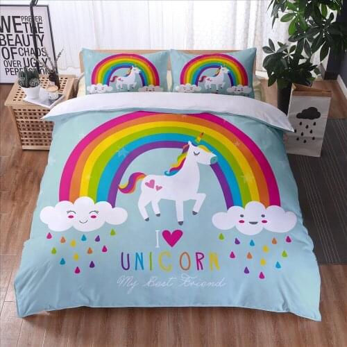 Kids Cartoon Linen Bedding Set for Children Baby Crib Duvet Cover Set Pillowcase Blanket Quilt Cover 140x200 Blue Unicorn