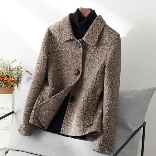 2021 Autumn Winter Herringbone Woolen Jacket Mother Clothing Plus size Loose Short Coat Single-breasted Female Warm Wool Outwear