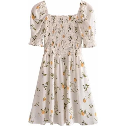 Summer women sweet Elastic Bandage small fresh Dress puff sleeve Mini Retro Dresses holiday Slim A-Line floral Print Vestidos