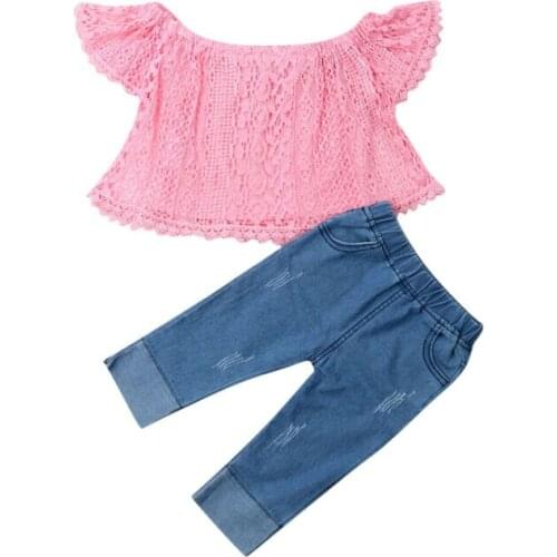 Fashion Kids Toddler Lace Crochet Sunsuit Clothes Toddler Baby Girl Off Shoulder Tops+Jeans Pants Summer 2PCS Clothes Set