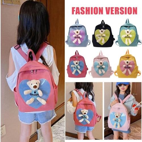 2021 New Style Kindergarten Cute Love Heart Bear Doll Contrast Color Backpack Children School Knapsack Small Handbags Preppy