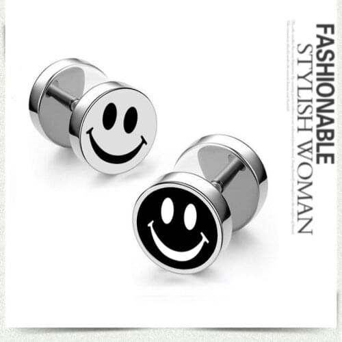 One Pair Smiley Stainless Steel Round Stud Earrings For Women Dumbbell Pierceing Earrings Men Earrings Punk Fashion Jewelry