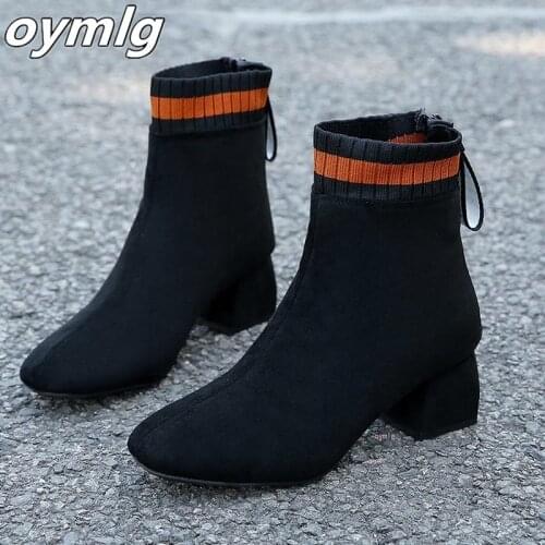 Autumn Winter Knitted Stretch Fabric Socks Women Boots Low heel Short Pointed Toe Ankle Black Khaki Botas Mujer Plus Size 35-43