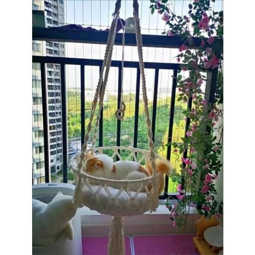 Handwoven Macrame Pet Hanging Hammock Bed Cat Cage Swing Hanging Beds Handcraft Tassel Nest Mat Bed Bohemia Tapestry Decoration