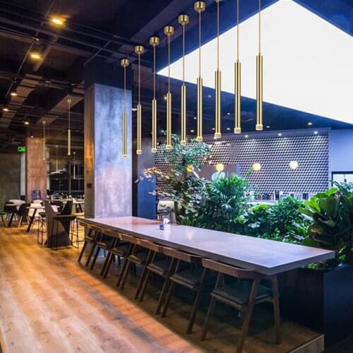 Golden Long Tube Pendant Light Decor Dining Room Restaurant Shop Aluminum Cylinder Pipe Lamp Kitchen Island Single Head Hanging